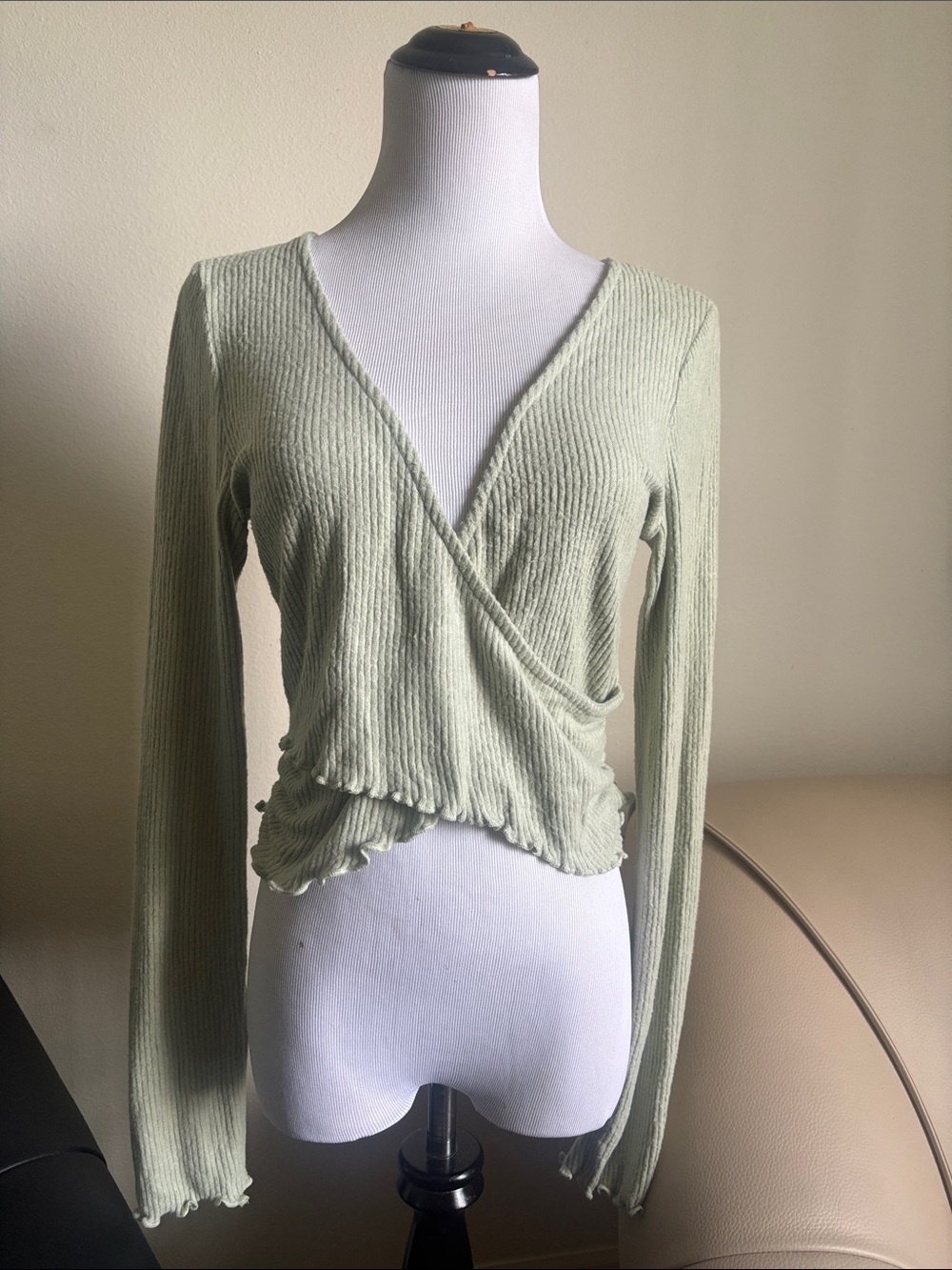 Le Lis Light Sage Ribbed Wrap-Front Long Sleeve Top